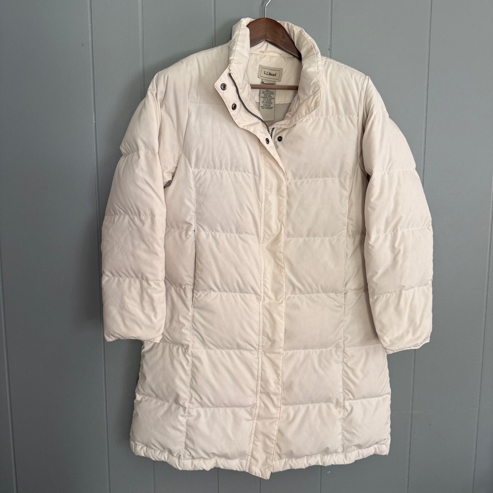LL Bean Womens M Petite Ivory Long Puffer Coat NOTE-No Hood- Goose Down Gorpcore